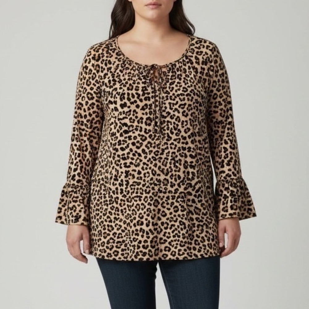 JM Collection Womens XL Leopard Print Studded Bell Sleeve Peasant Top Tunic